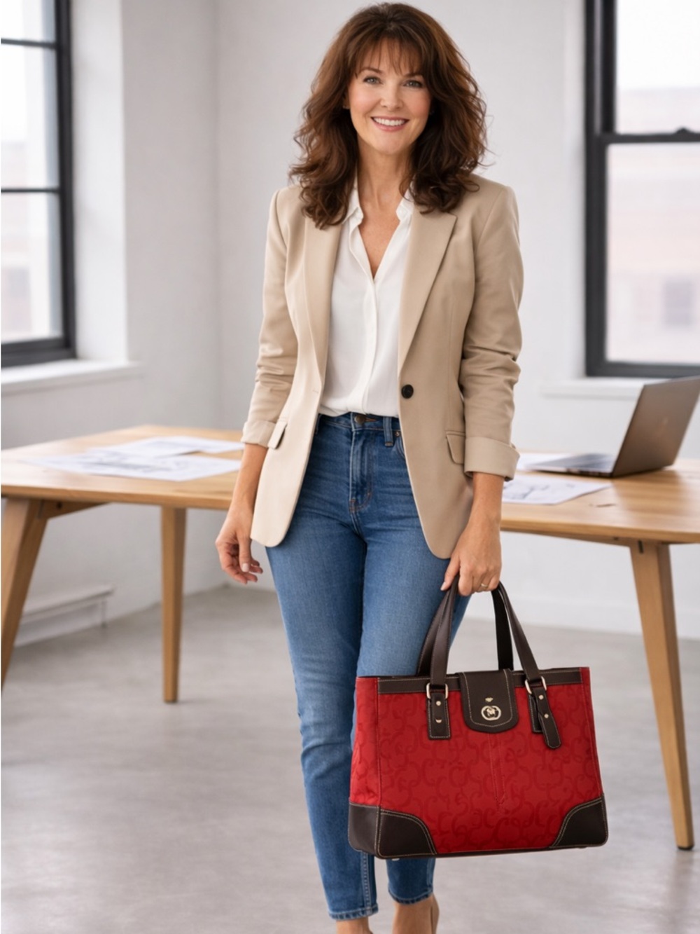 Coach Red Signature Canvas Tote with Dark Brown Leather Accents